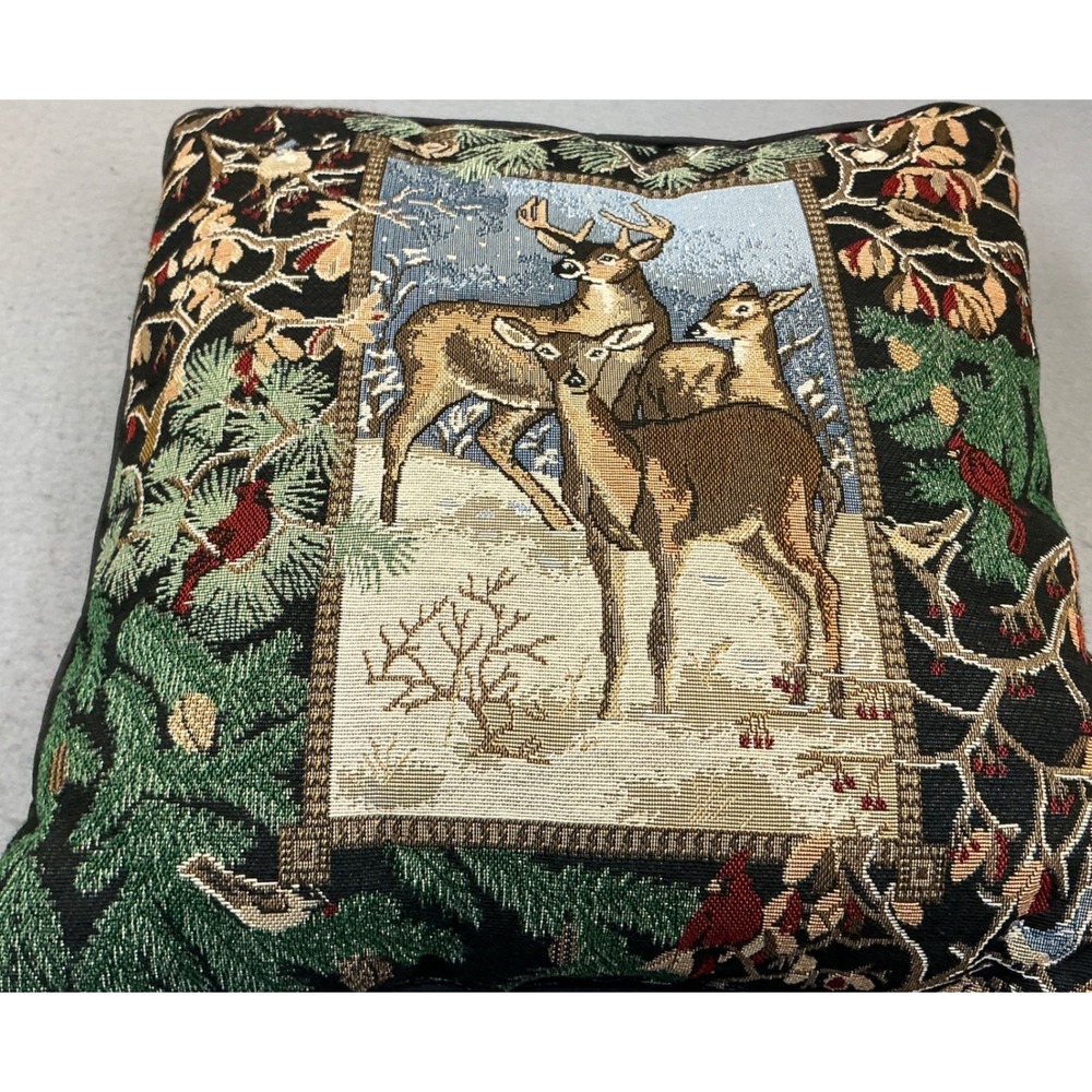Vintage Tapestry Deer Winter Scene Throw Pillow Wildlife Lodge Decor 15x15